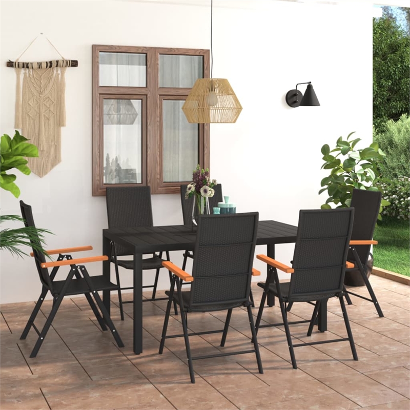 vidaXL 7 Piece Aluminum/PE Rattan Dining Set in Black/Brown