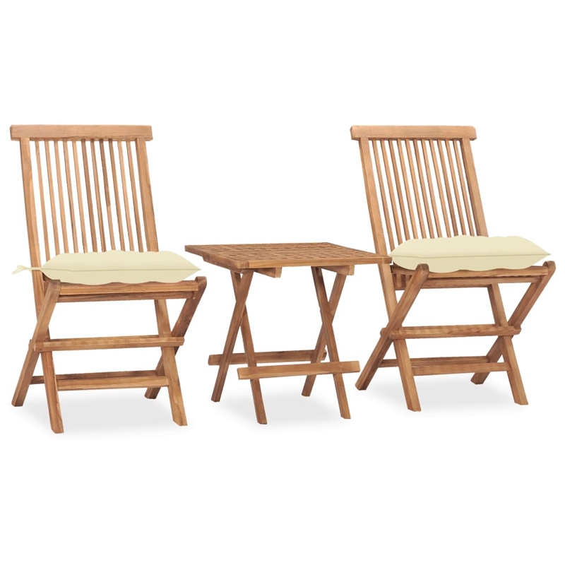 vidaXL Solid Teak Wood 3 Piece Set Foldable Outdoor Dining Set in Cream