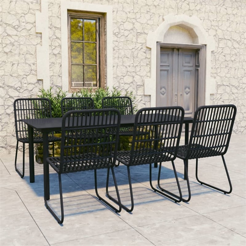 vidaXL Poly Rattan/Powder-Coated Steel/Glass Dining Set in Black