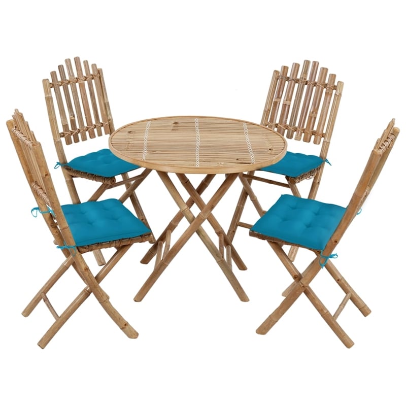 vidaXL Patio Dining Set Light Blue Bamboo/Polyester Foldable - Set of 4