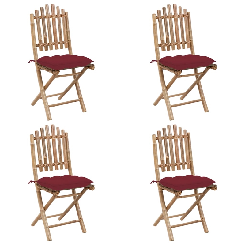 vidaXL Patio Dining Set Wine Red Cushion/Natural Bamboo - Set of 4