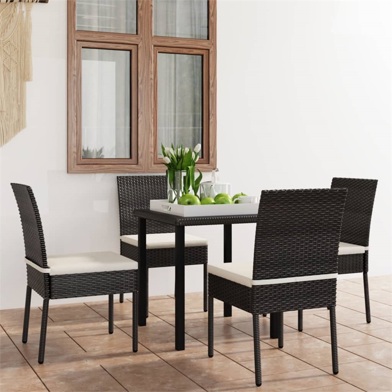 vidaXL Dining Set in Black/Cream Poly Rattan/Powder-Coated Steel/Glass