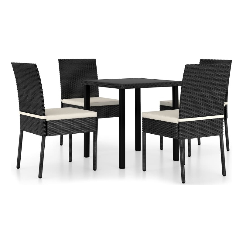 vidaXL Dining Set in Black/Cream Poly Rattan/Powder-Coated Steel/Glass