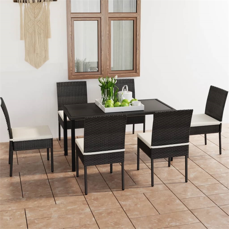 vidaXL Poly Rattan/Powder-Coated Steel/Glass Dining Set in Black