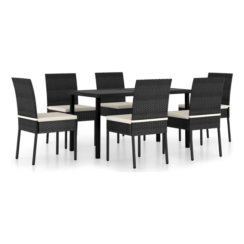 vidaXL Poly Rattan/Powder-Coated Steel/Glass Dining Set in Black