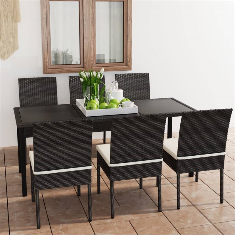 vidaXL Poly Rattan/Powder-Coated Steel/Glass Dining Set in Black