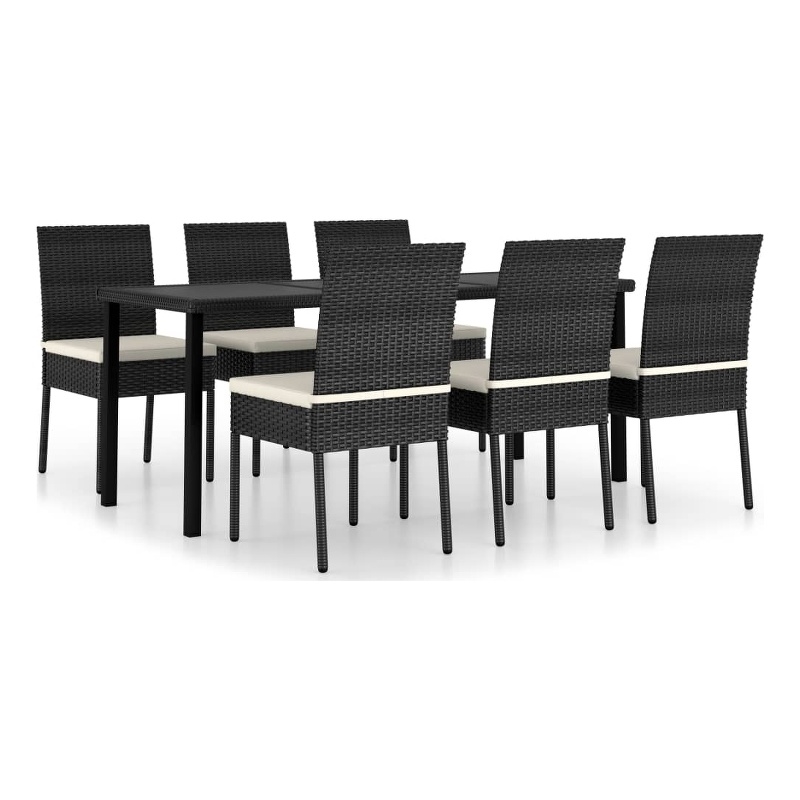 vidaXL Poly Rattan/Powder-Coated Steel/Glass Dining Set in Black