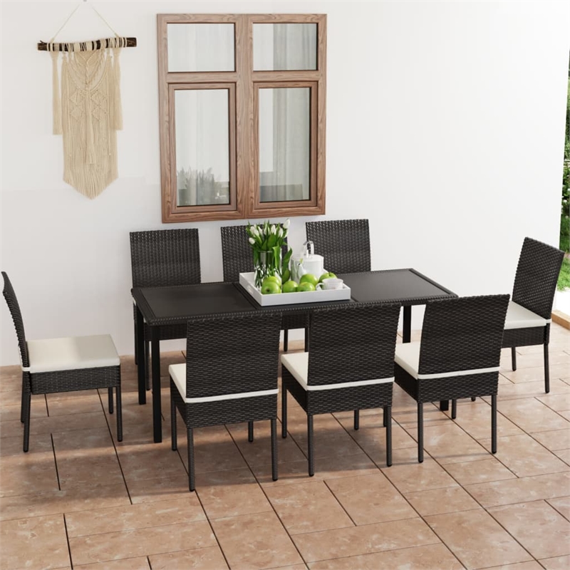 vidaXL Poly Rattan/Powder-Coated Steel/Glass Dining Set in Black