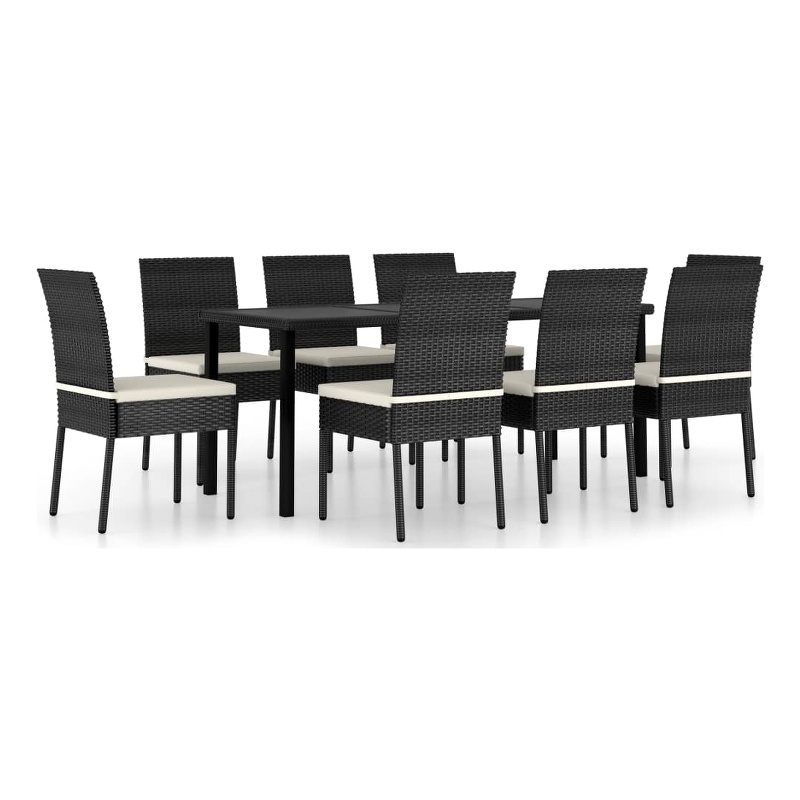 vidaXL Poly Rattan/Powder-Coated Steel/Glass Dining Set in Black