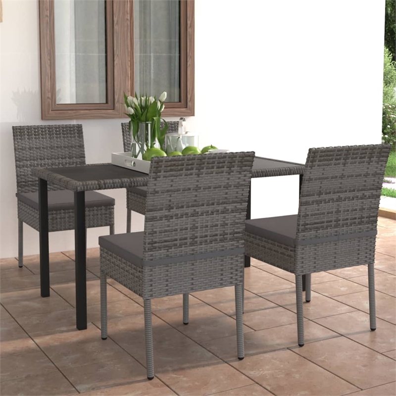 vidaXL Dining Set in Gray and Black Poly Rattan/Powder-Coated Steel/Glass