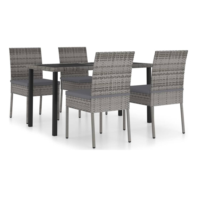 vidaXL Dining Set in Gray and Black Poly Rattan/Powder-Coated Steel/Glass