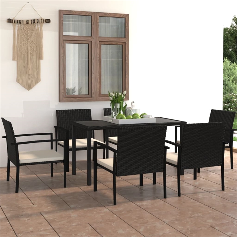 vidaXL Dining Set in Black/Cream Poly Rattan/Powder-Coated Steel/Glass