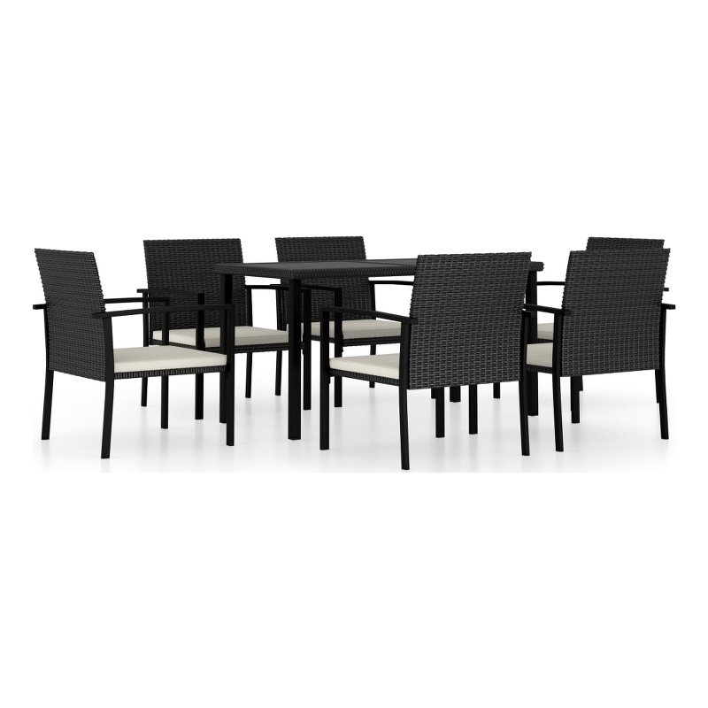 vidaXL Dining Set in Black/Cream Poly Rattan/Powder-Coated Steel/Glass