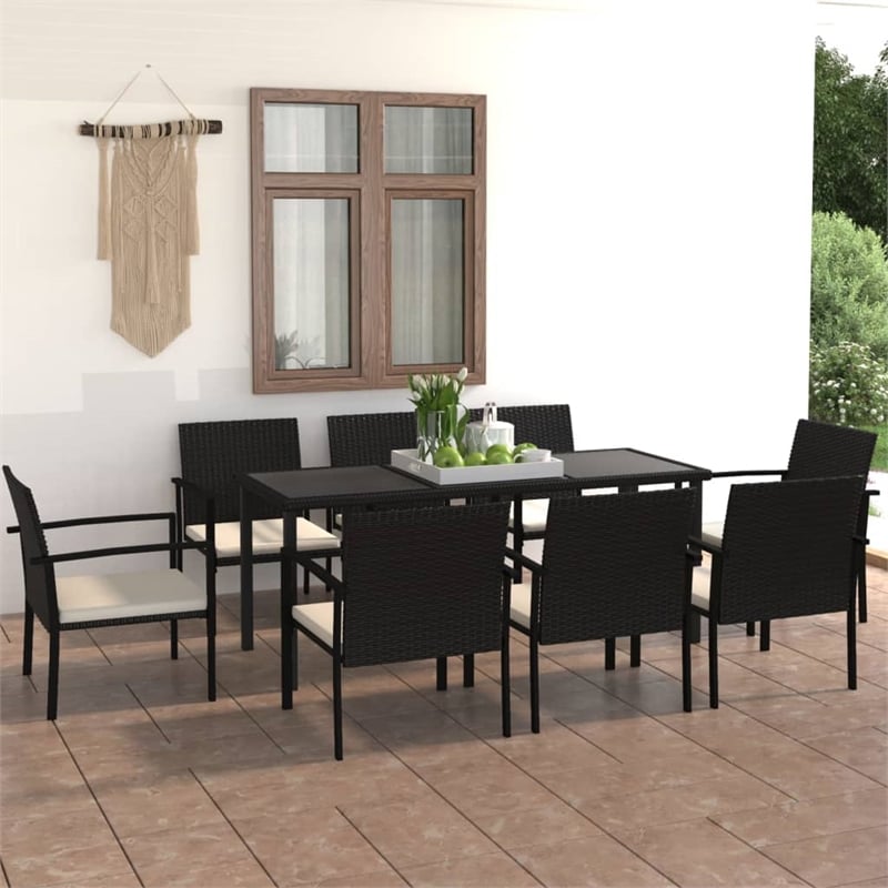 vidaXL Poly Rattan/Powder-Coated Steel/Glass Dining Set in Black