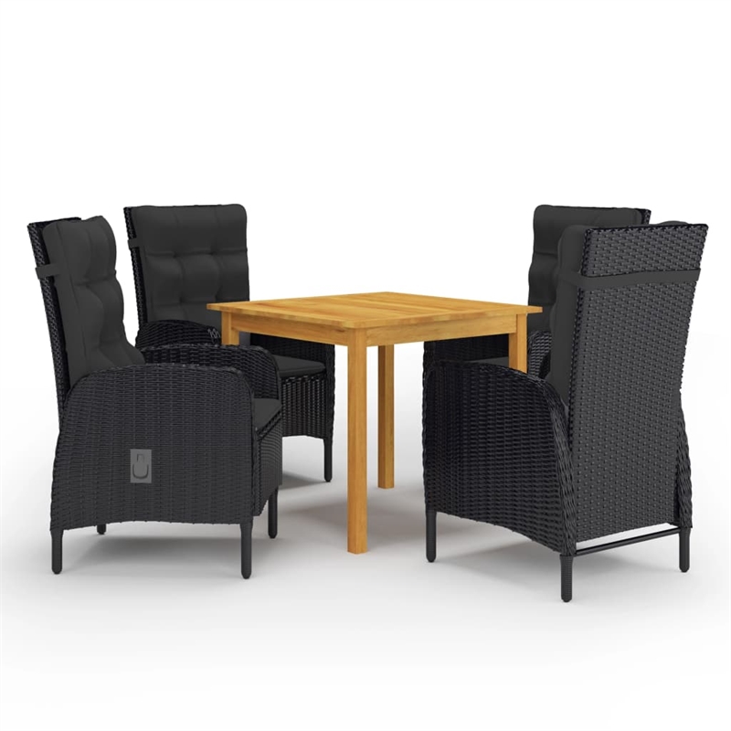 vidaXL Dining Set in Black Solid Acacia Wood/Poly Rattan/Powder-Coated Steel