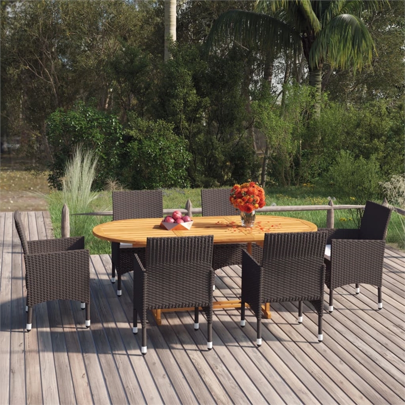 vidaXL Solid Acacia Wood/PE Rattan Large Dining Set in Brown and Cream White