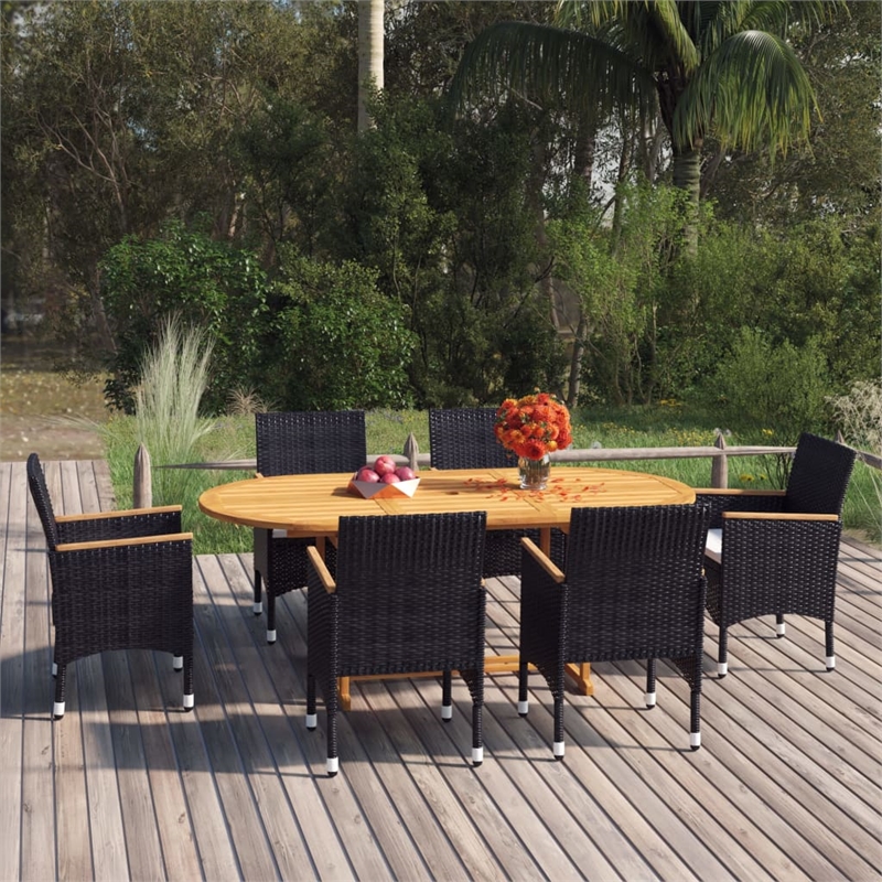 vidaXL Solid Acacia Wood/PE Rattan 7-Piece Set Dining Set in Black