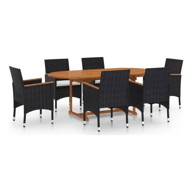vidaXL Solid Acacia Wood/PE Rattan 7-Piece Set Dining Set in Black