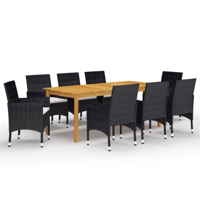 vidaXL Solid Acacia Wood/PE Rattan Large Dining Set in Black/Cream White