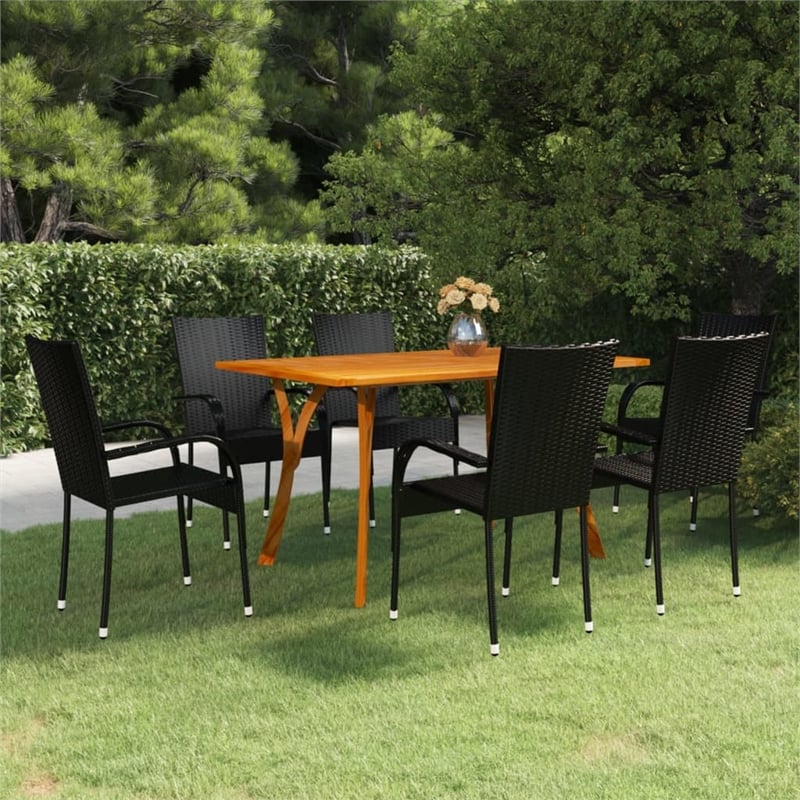 vidaXL Solid Acacia Wood/PE Rattan 7 Piece Stackable Dining Set in Black