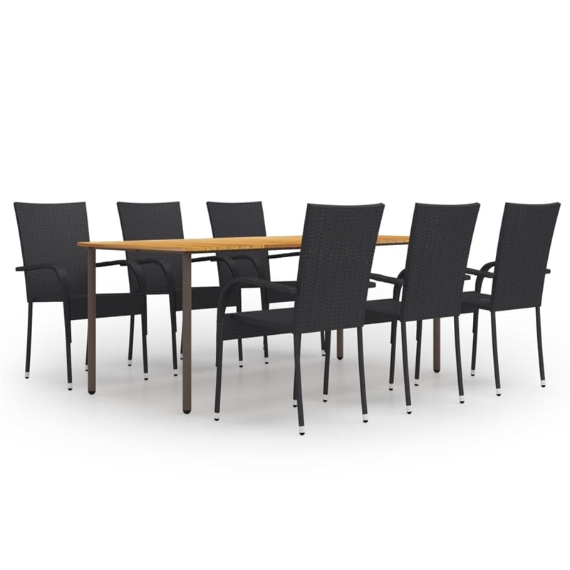 vidaXL Solid Acacia Wood and PE Rattan Large Stackable Dining Set in Black