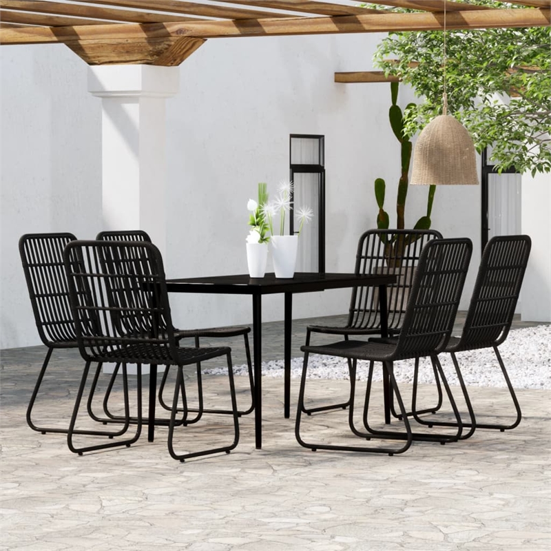 vidaXL Powder-Coated Steel/PE Rattan/Glass Medium Dining Set in Black