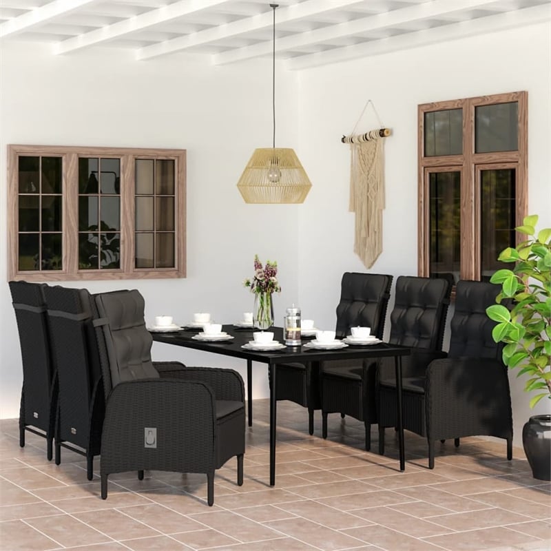 vidaXL PE Rattan/Powder-Coated Steel/Glass Garden Dining Set in Black