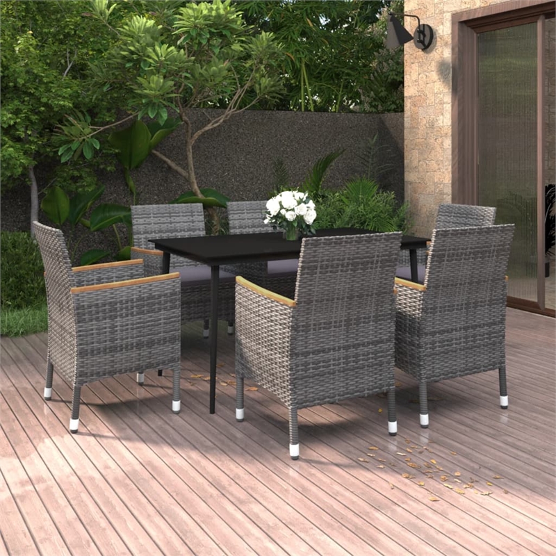 vidaXL Poly Rattan Garden Dining Set in Gray/Cushions & Table in Black