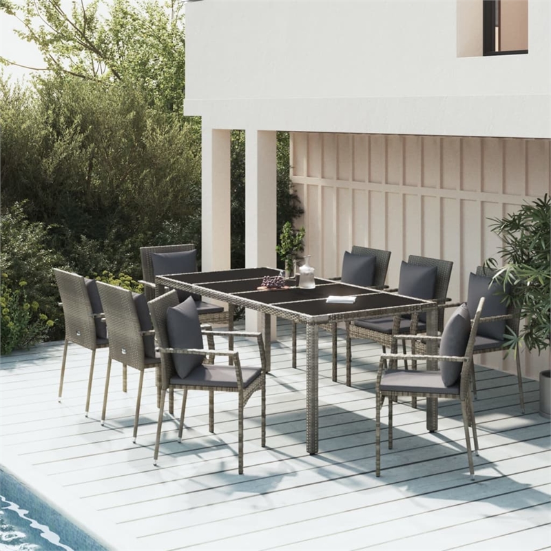 vidaXL PE Rattan Powder-Coated Steel Tempered Glass Garden Dining Set in Gray