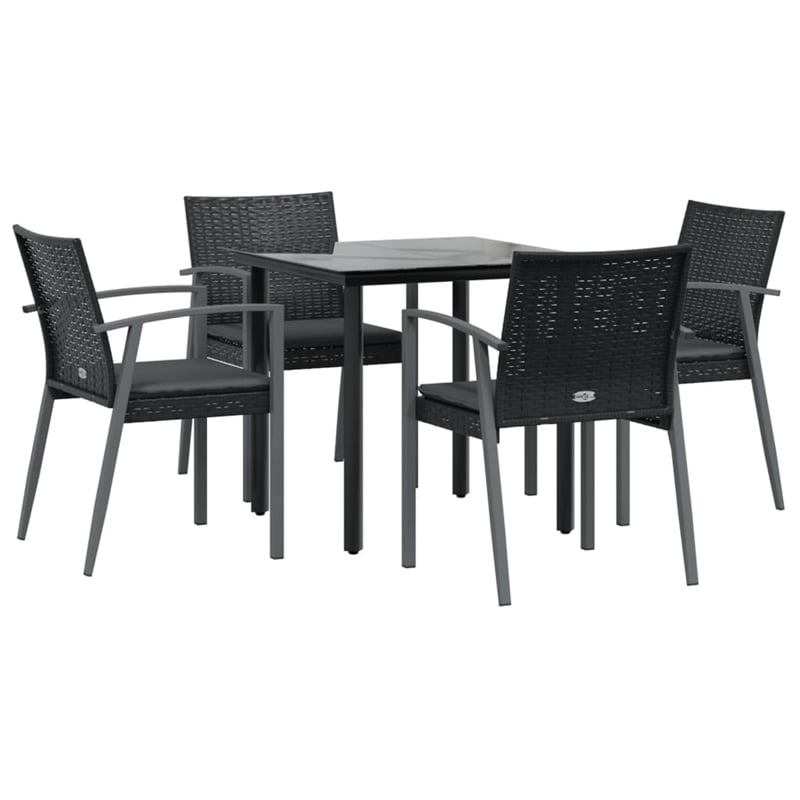 vidaXL Poly Rattan/Steel/Tempered Glass Garden Dining Set in Black