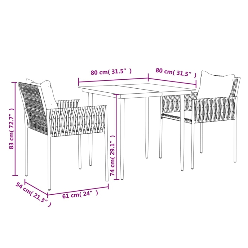 vidaXL Poly Rattan/Steel/Tempered Glass Garden Dining Set in Black/Dark Gray
