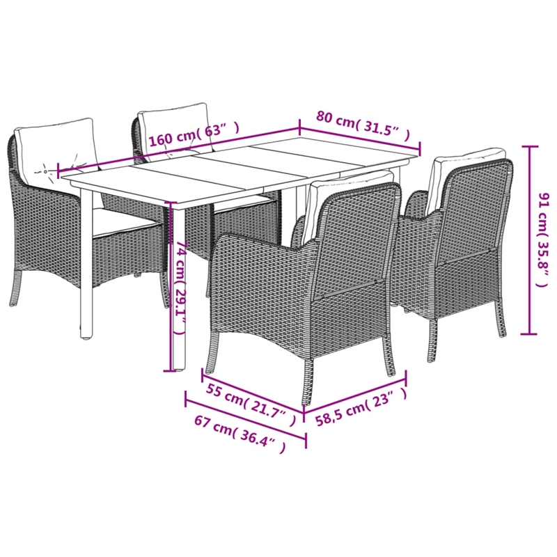 vidaXL 5 Piece Poly Rattan Garden Dining Set in Black/Cream White