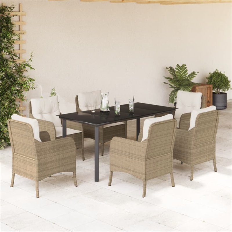 vidaXL 7 Piece Poly Rattan Garden Dining Set in Beige