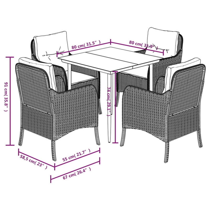 vidaXL 5 Piece Poly Rattan Garden Dining Set in Black/Cream White