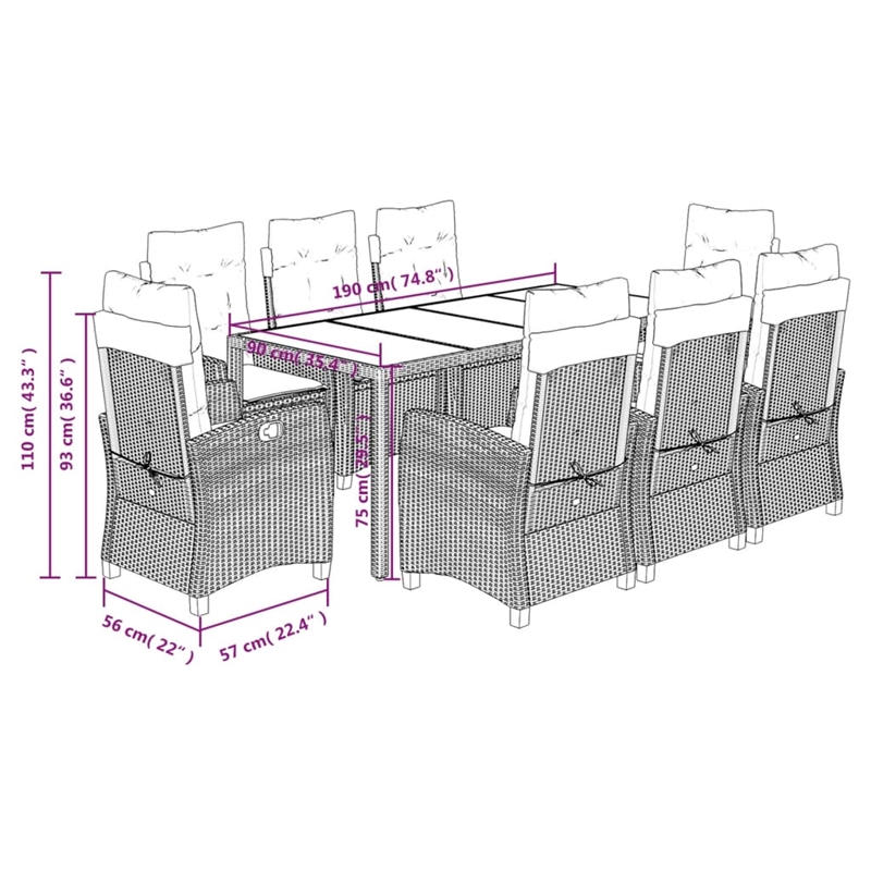 vidaXL 9 Piece Steel Garden Dining Set in Black/Cream White