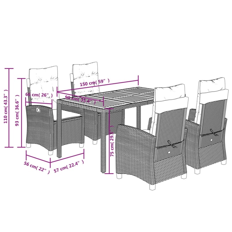 vidaXL 5 Piece Poly Rattan Garden Dining Set in Black/Cream White