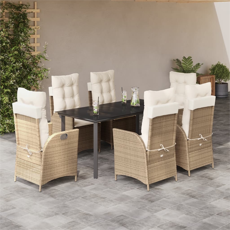 vidaXL 7 Piece Poly Rattan Garden Dining Set in Black/Cream White
