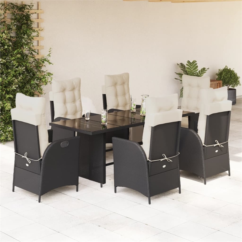 vidaXL 7 Piece Garden Dining Set with Cushions in Black