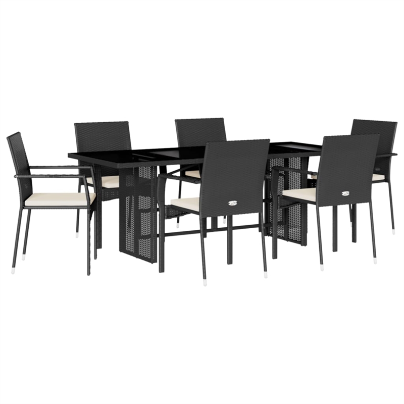 vidaXL 7 Piece Rattan Garden Dining Set in Black/Cream White