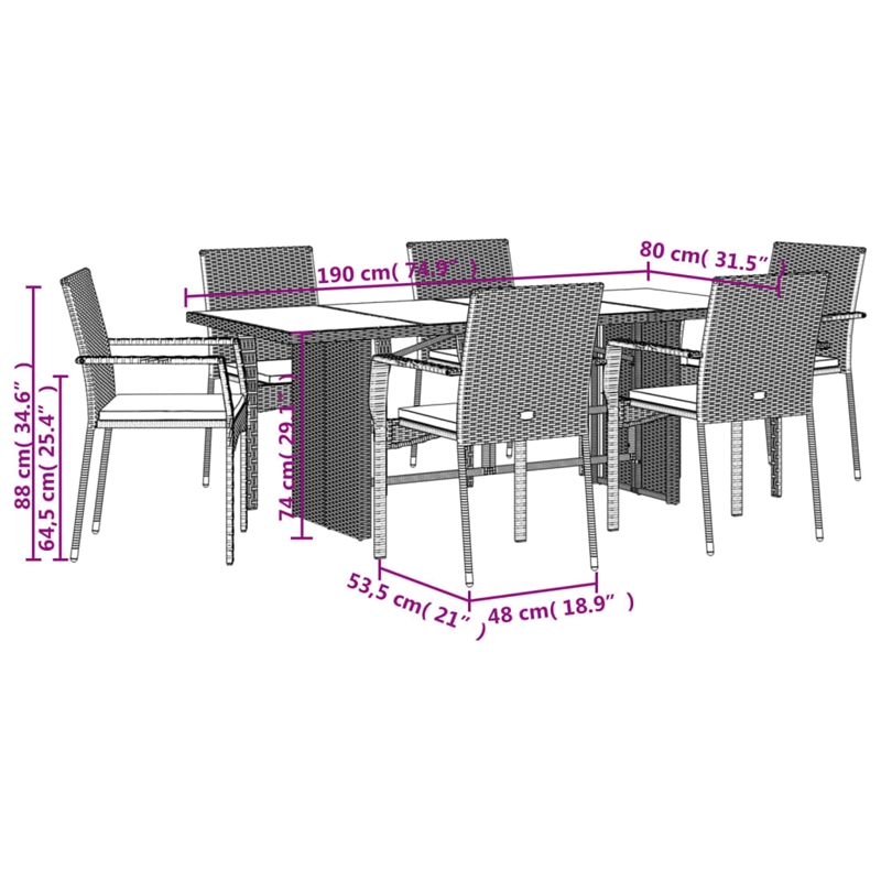 vidaXL 7 Piece Rattan Garden Dining Set in Black/Cream White