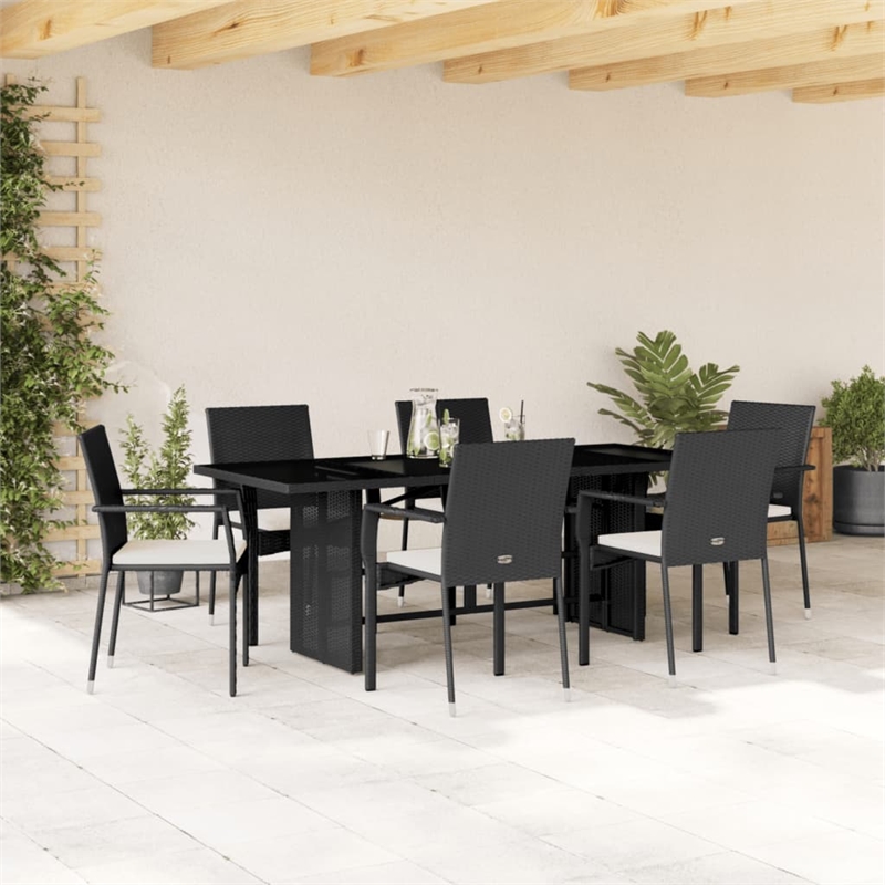 vidaXL 7 Piece Rattan Garden Dining Set in Black/Cream White