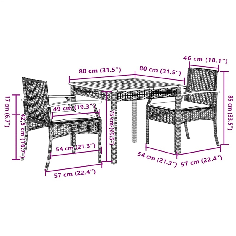 vidaXL 3 Piece Steel Garden Dining Set in Beige