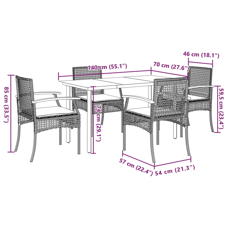 vidaXL 5 Piece Poly Rattan Garden Dining Set in Black