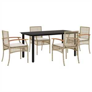 vidaXL 5 Piece Poly Rattan Garden Dining Set with Cushions in Black