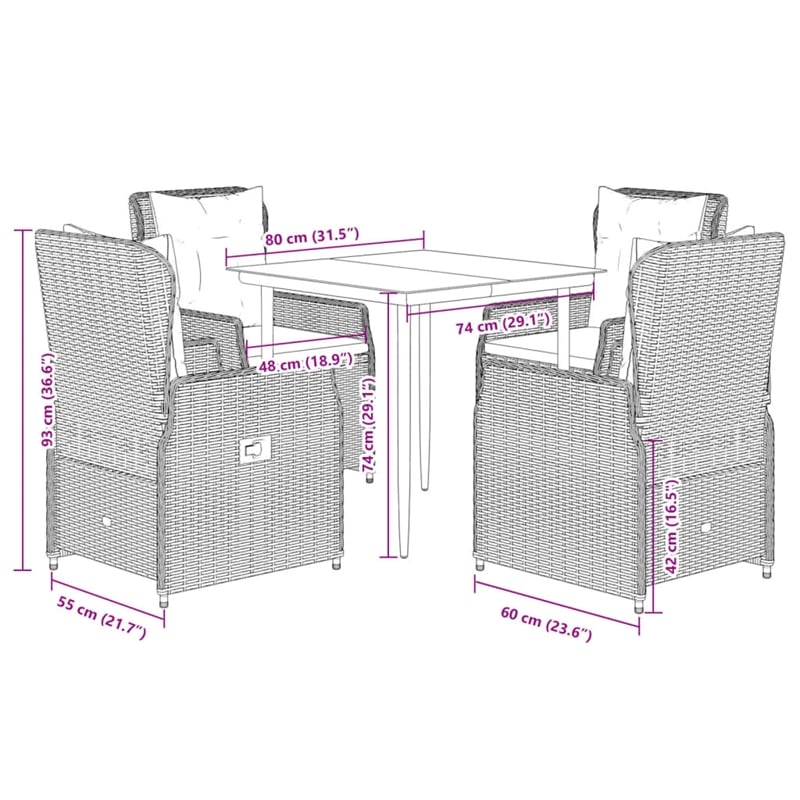 vidaXL 5 Piece Poly Rattan Garden Dining Set in Black/Gray