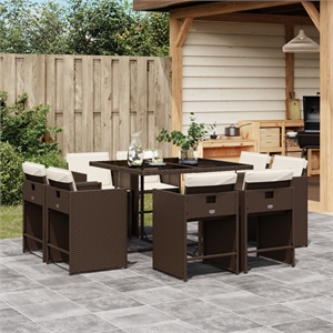 vidaXL 9 Piece Poly Rattan Patio Dining Set in Brown/Cream white/Black