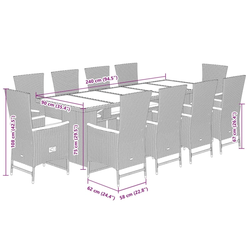 vidaXL 11 Piece Poly Rattan Garden Dining Set in Black/Cream White