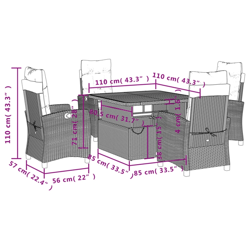 vidaXL 5 Piece Poly Rattan Garden Dining Set in Black/Cream White
