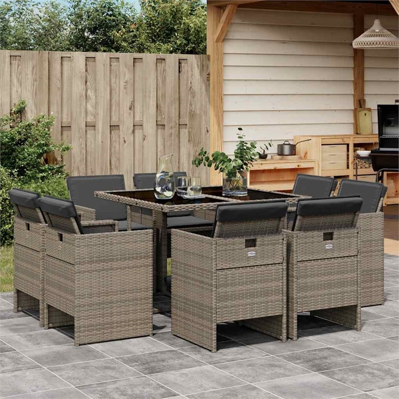 vidaXL 9 Piece Poly Rattan Foldable Patio Dining Set in Gray