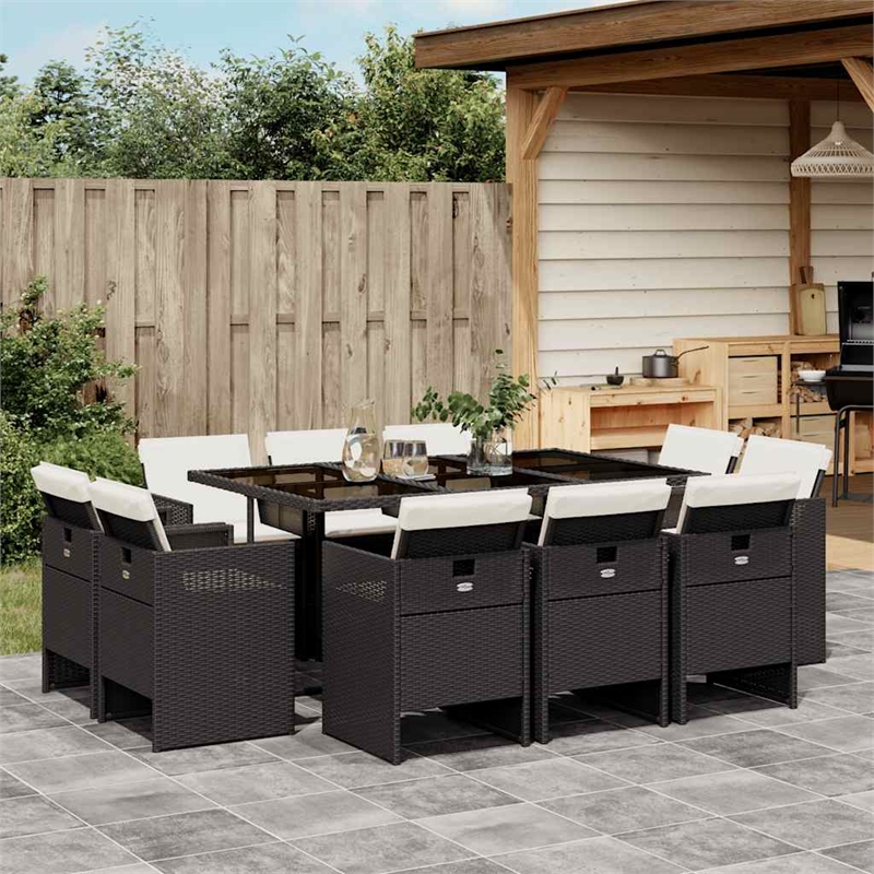 vidaXL 11 Piece Poly Rattan Patio Dining Set in Black/Cream White
